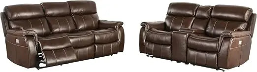 Corrals Top Grain Leather 2-Piece Power Recline Sofa Set with Pillow Top Arms, Cup Holders for Living Room