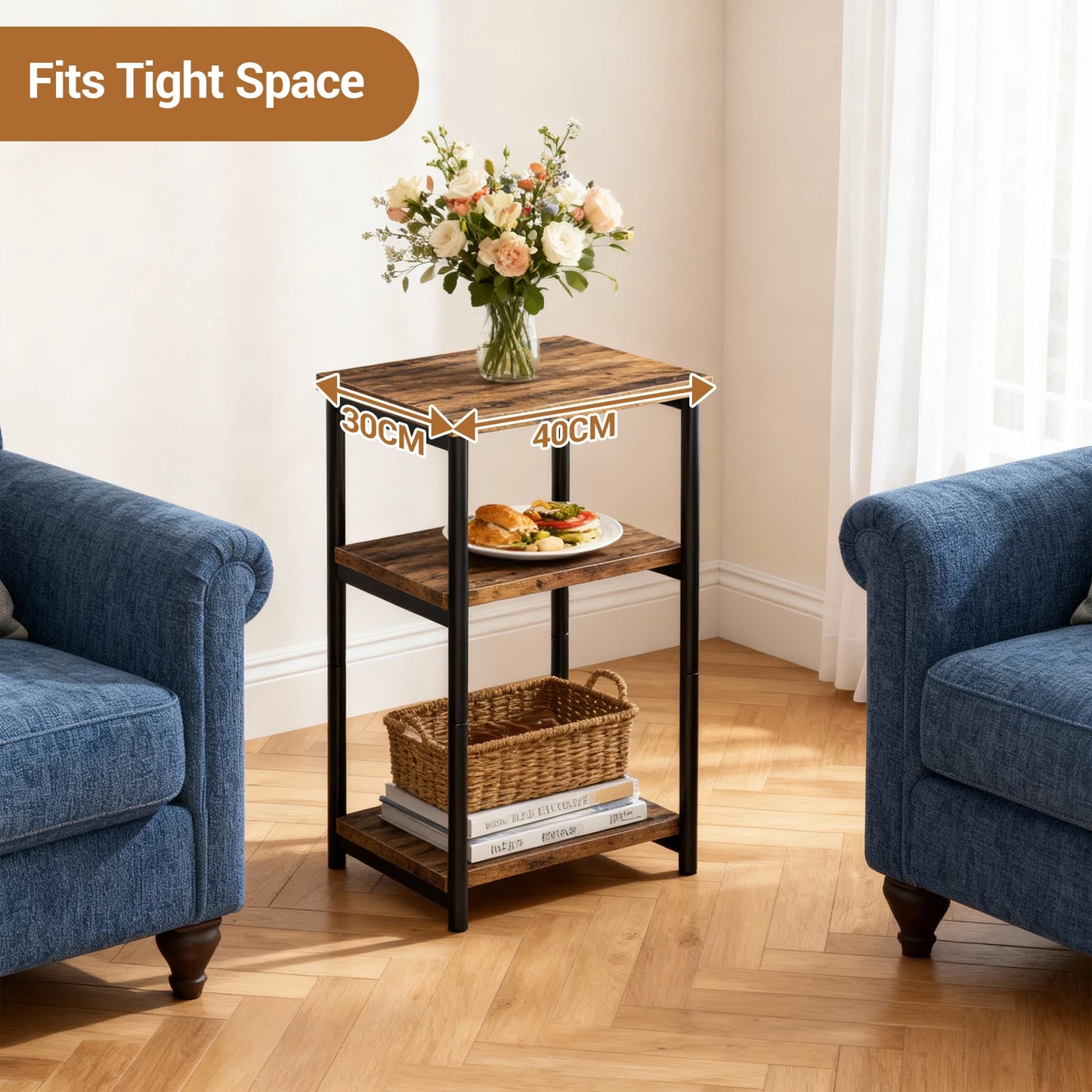 3 Tier End Table With Storage Shelves Rustic Narrow Sofa Side Table Metal Frame