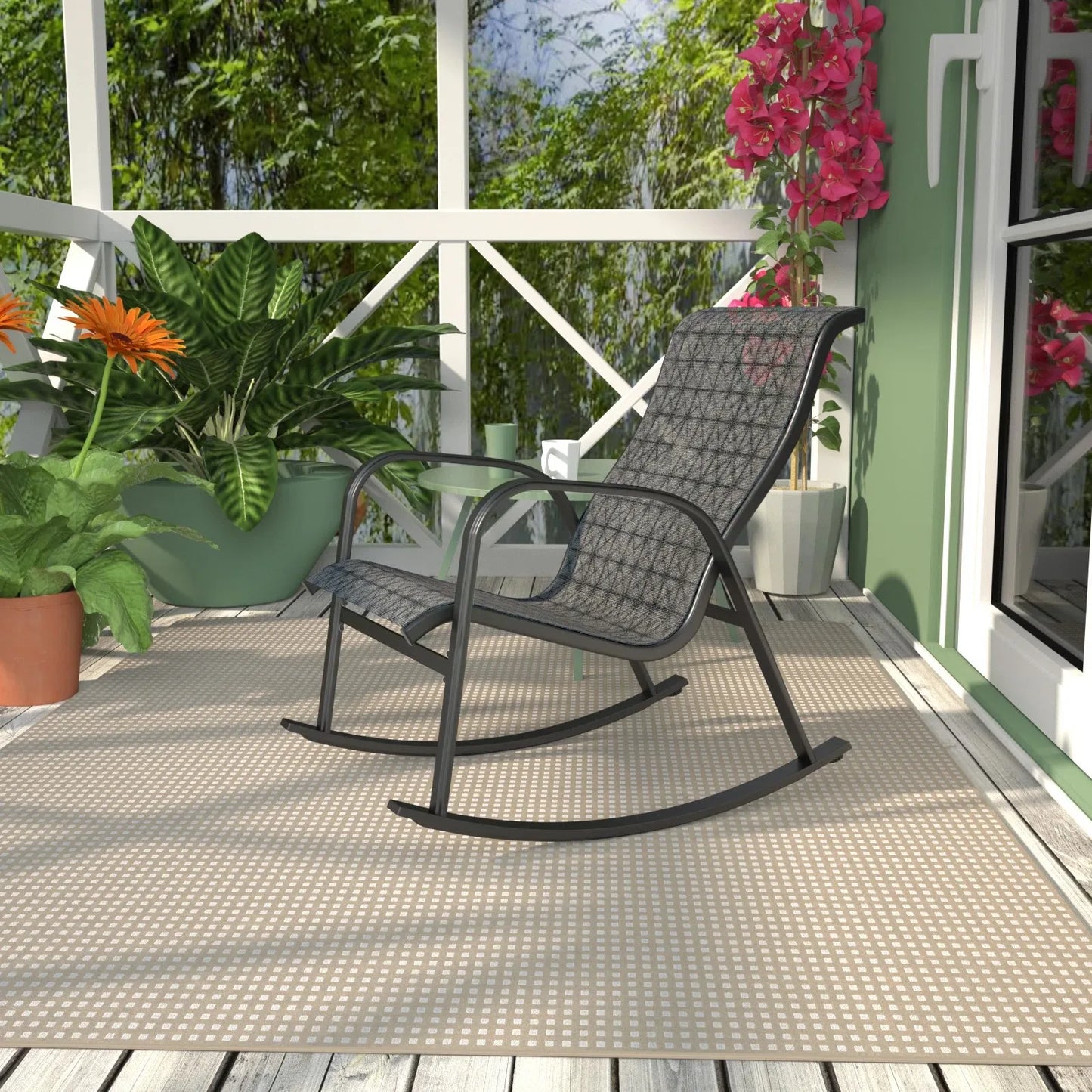 Mesh Sling Rocking Chair Outdoor E Coated Steel Rocker Porch Patio Garden