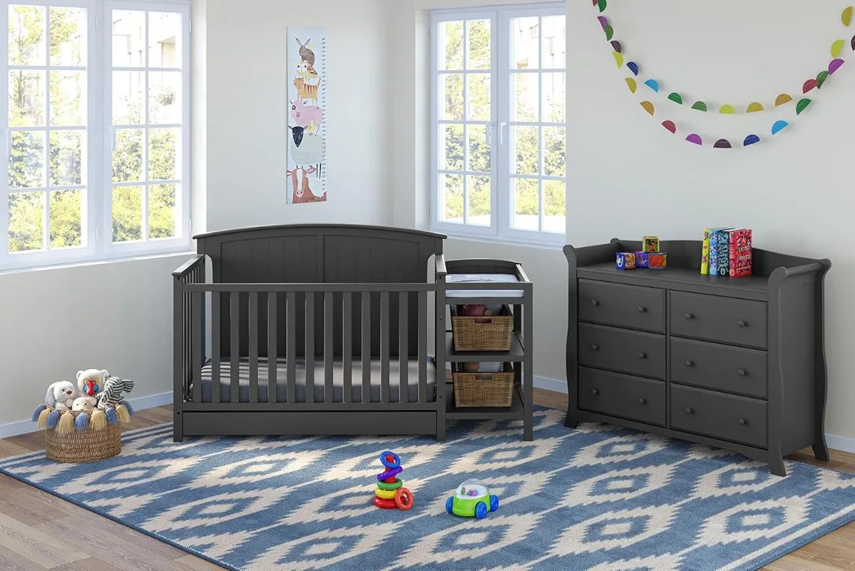 5-In-1 Convertible Crib And Changer With Drawer Gray GREENGUARD Gold Certified
