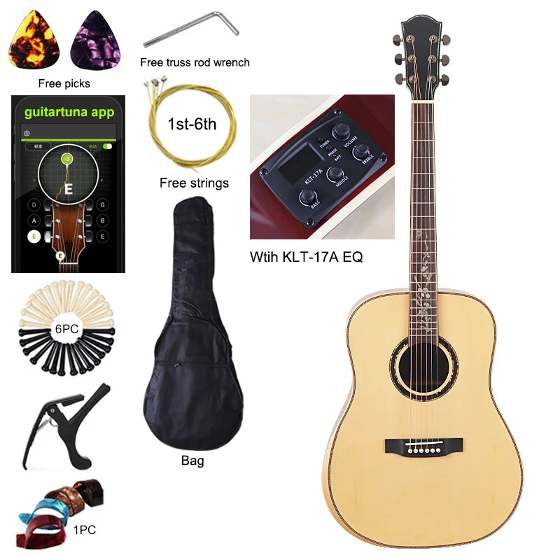 40 Inch 6 String Electric Acoustic Guitar Natural Brown Solid Spruce Top