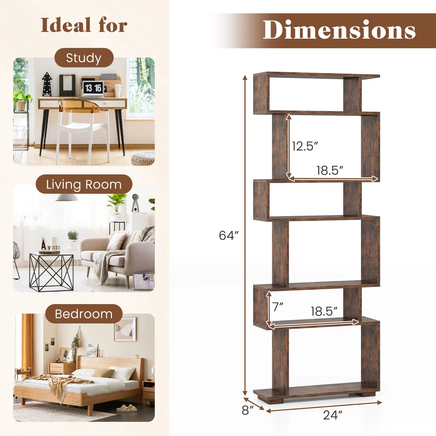 6 Tier S Shaped Geometric Storage Bookshelf With Anti Toppling Kits