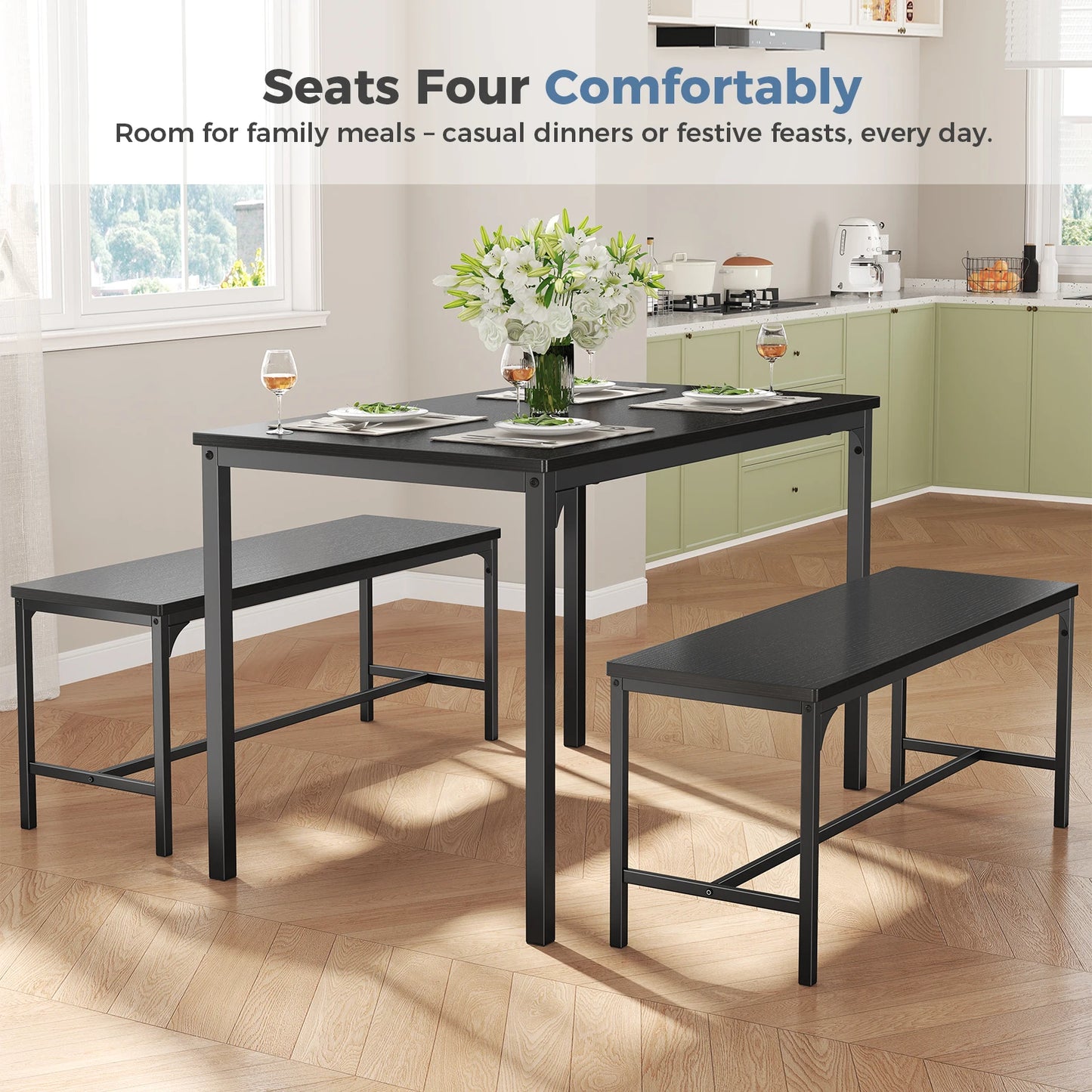 JHK 3 Piece Table And Chair Set Space Saving Wooden Desktop With Metal Frame