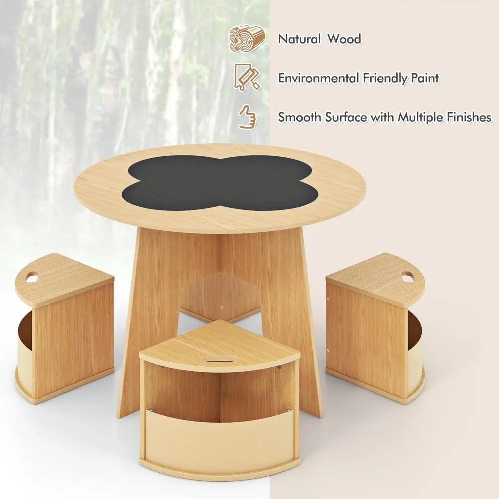 Toddler Table and Chair Set with 4 Storage Stools, Wooden Flower Shaped Nesting Table with Blackboard Drawers,
