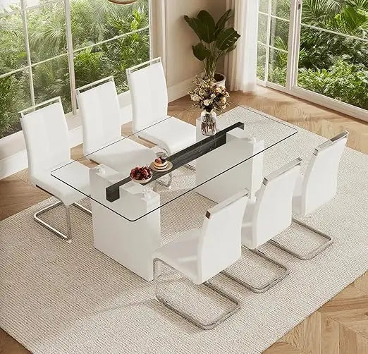 71Inch Glass Dining Table Set For 6 With Tempered Glass
