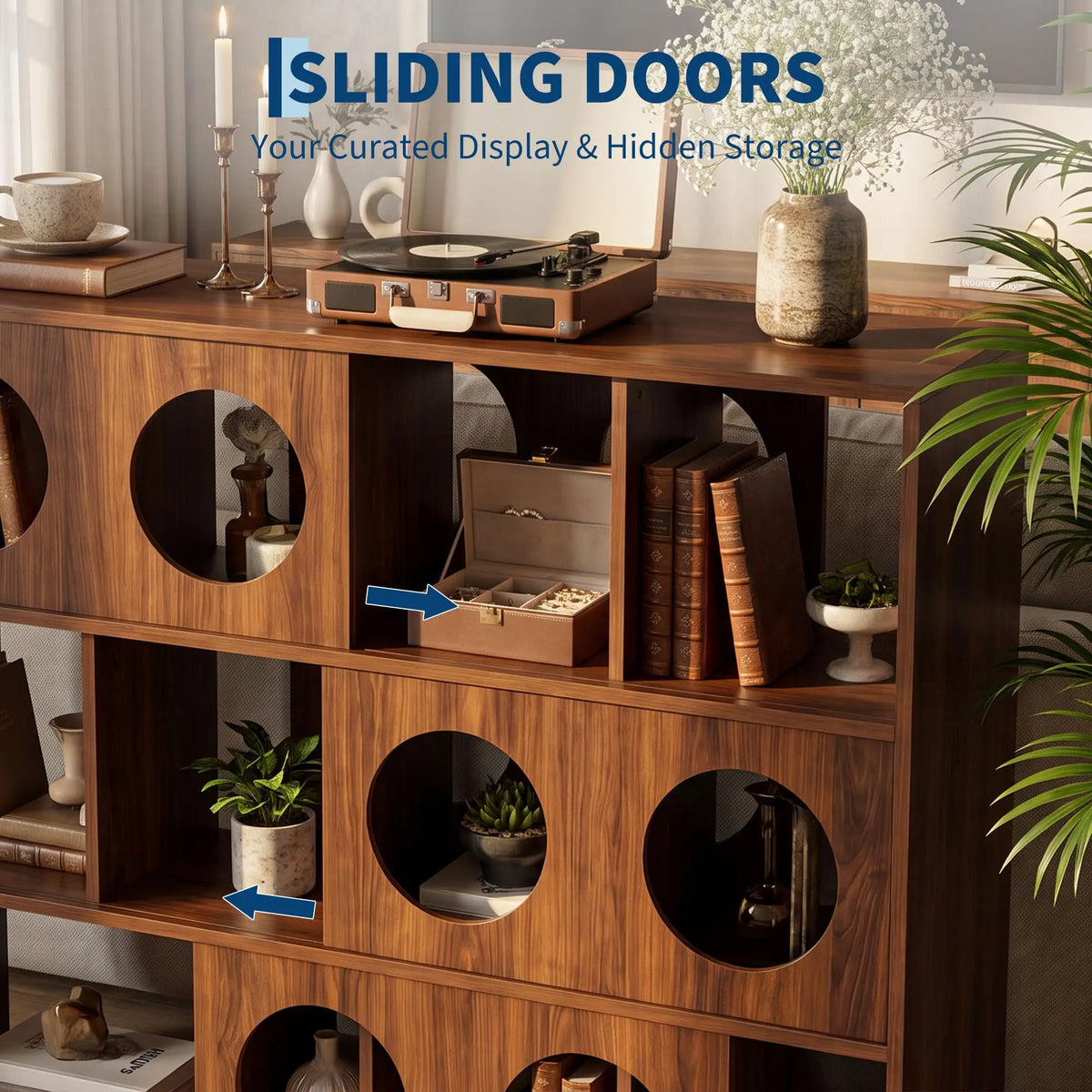 Low Wood Bookshelf With Round Cutout Cubbies Organizer