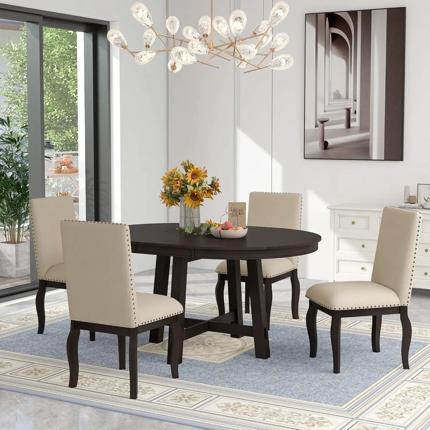 Farmhouse Round Extendable Dining Table Set With 4 Chairs