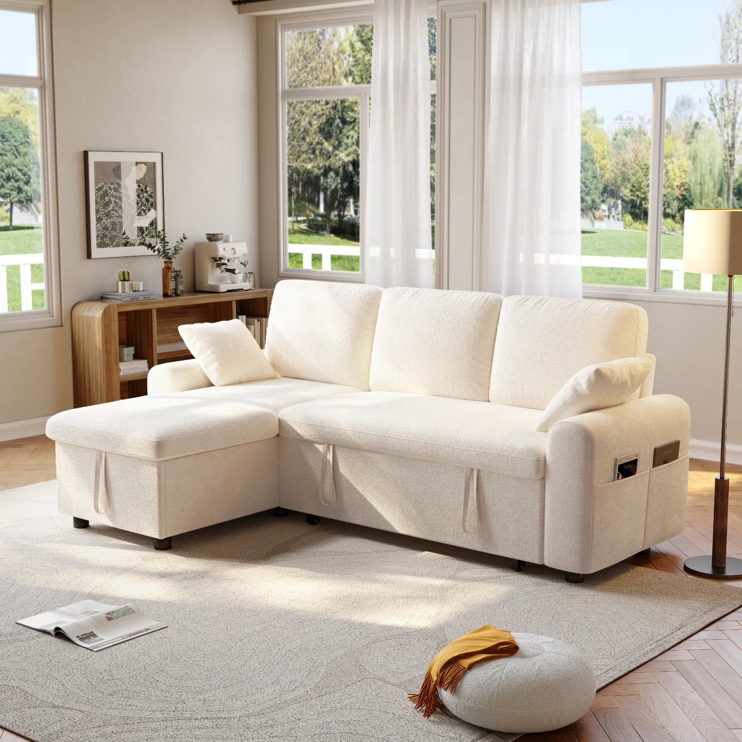 L Shaped Sleeper Sofa 85In Pull Out Couch Bed Storage Chaise