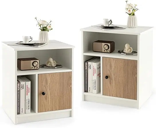 White Nightstands Set of 2 with Door and Open Shelves