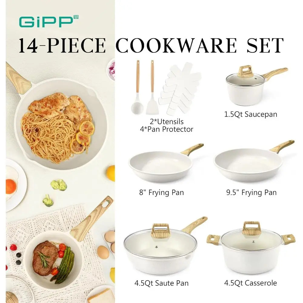 Pots and Pans Set Non Stick - 14 Pcs White Granite Kitchen Cookware Sets Nonstick Induction Cookware Cooking Pan Set with Frying