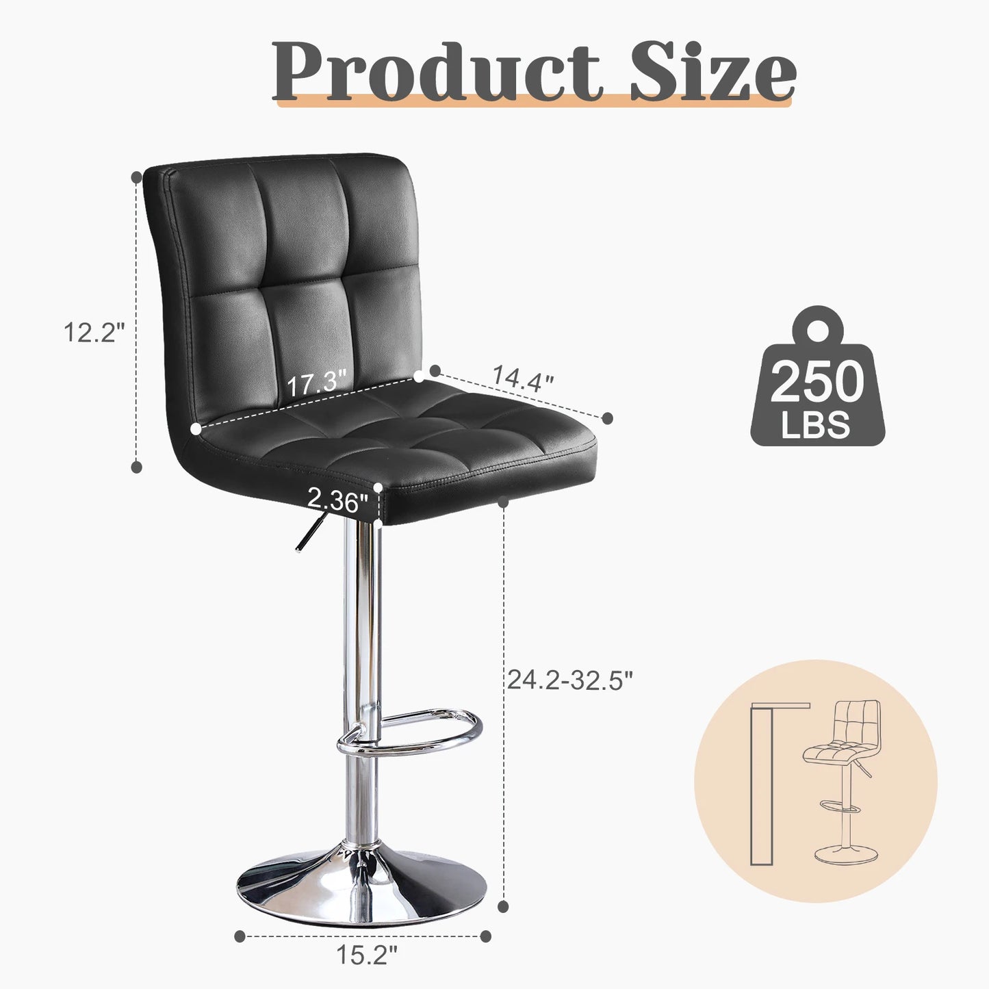 JHK PU Leather Bar Stools Set of 2 Counter Height Backrest SGS Certified