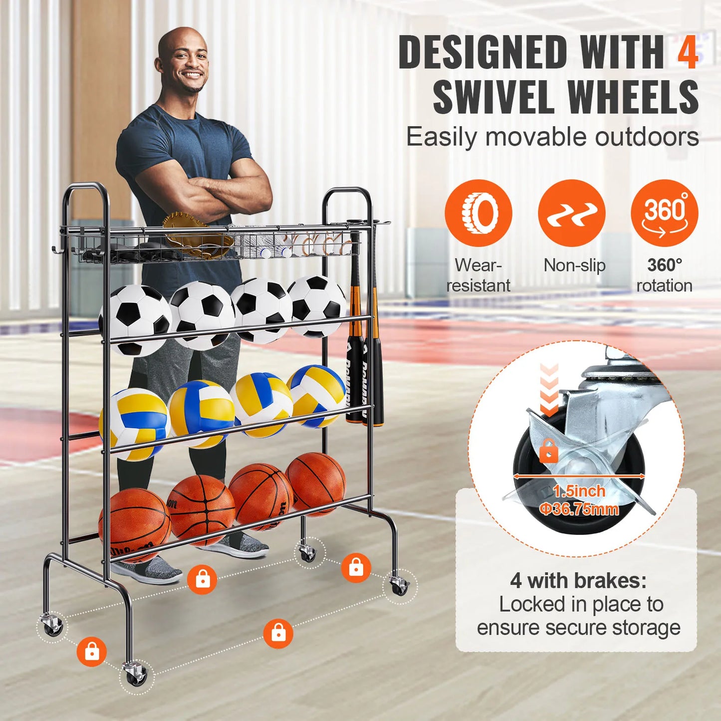 VEVOR Four Layer Rolling Basketball Rack with Wheels Storage Organizer