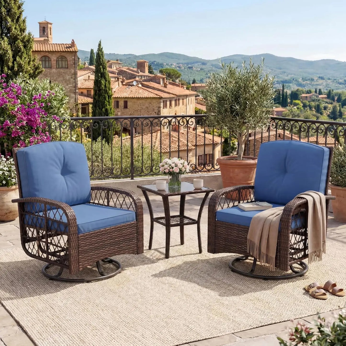 3 Piece Patio Furniture Set, Outdoor Swivel Glider Rocker Chairs With Washable Cushions & Glass Table For Porch Backyard