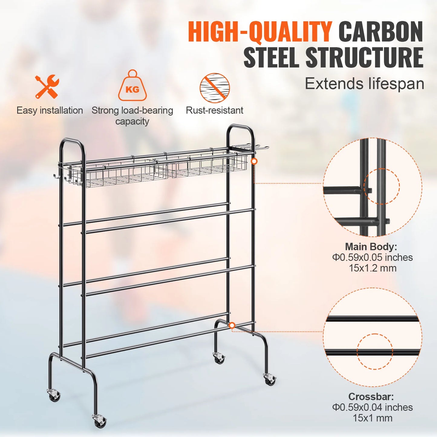 VEVOR Four Layer Rolling Basketball Rack with Wheels Storage Organizer