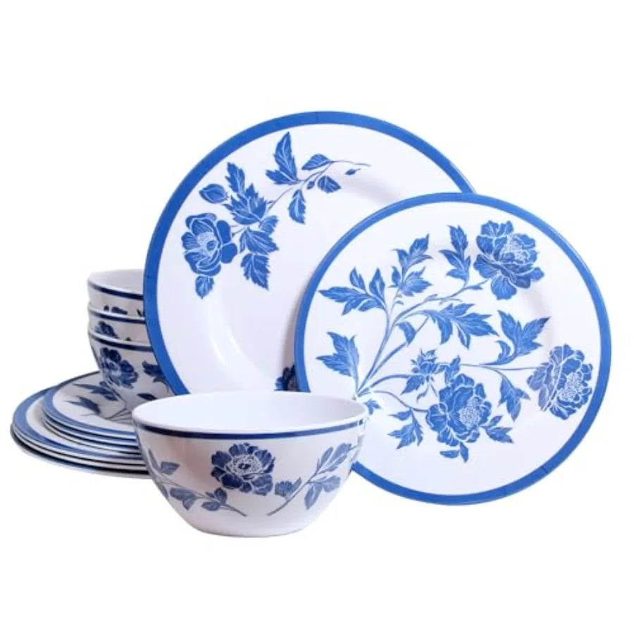 Melamine Dinnerware Set 12 Piece Serves Four Unbreakable Plates and Bowls