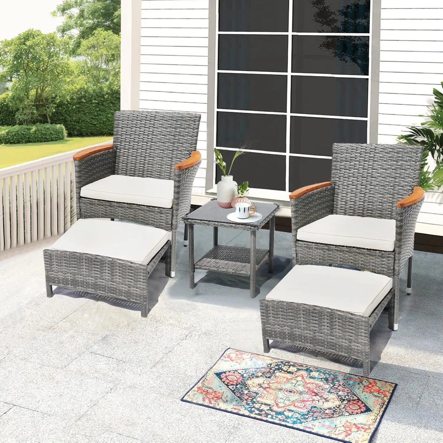 5 Piece Outdoor Patio Set With Table And Ottoman Wicker