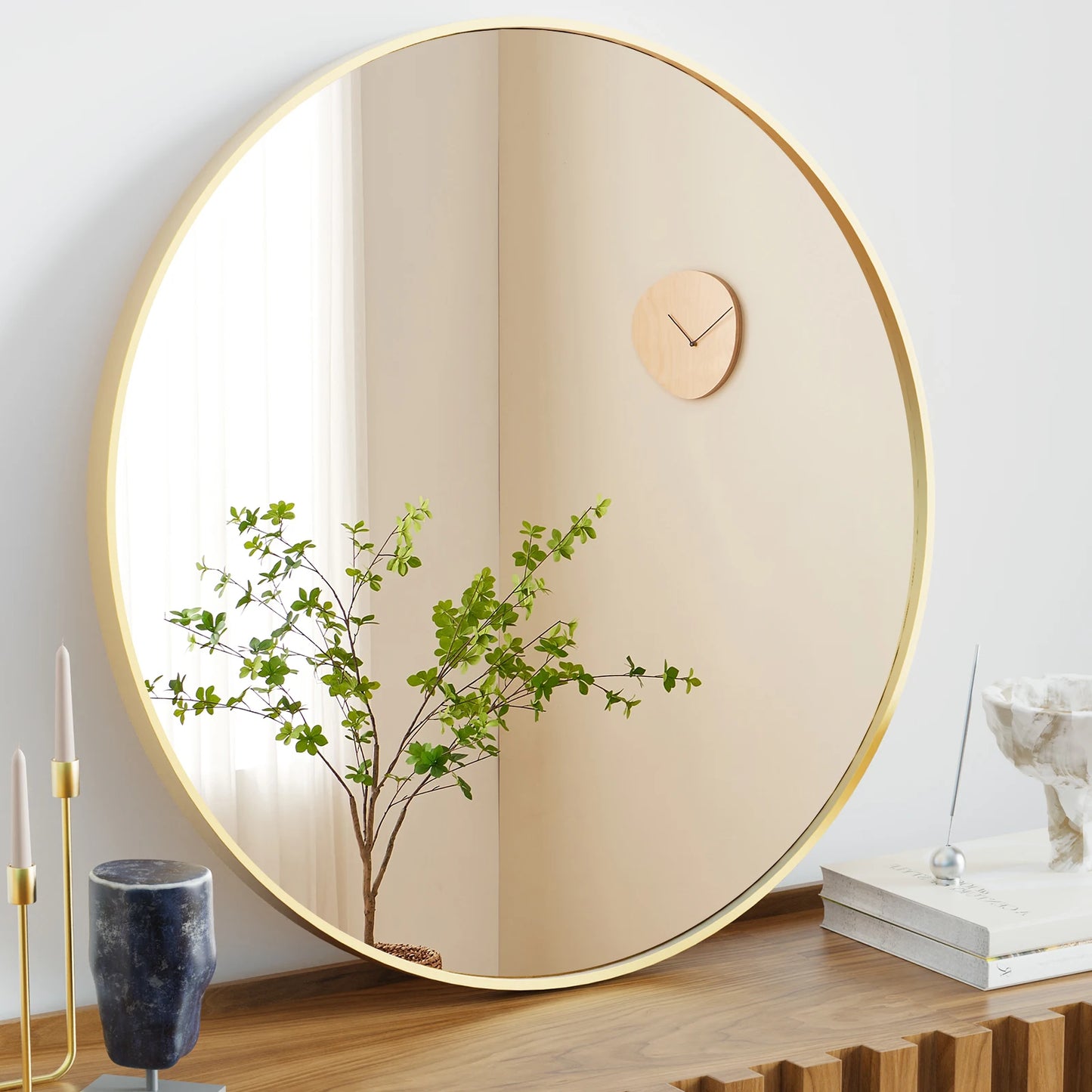 Jhk Matte Gold Round Wall Mirror 30 Inch Modern Tempered Glass