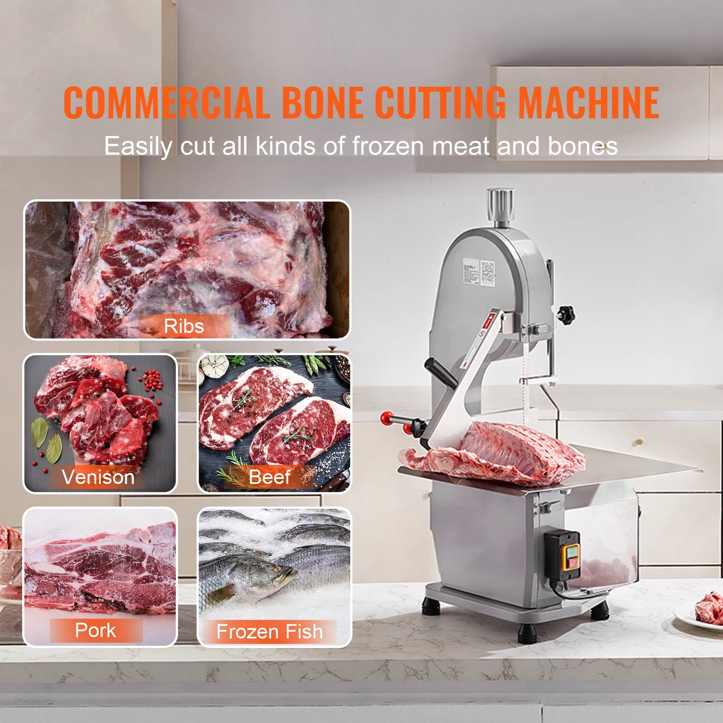 SucceBuy Commercial Electric Meat Bandsaw 1100W Stainless Workbeach 0.16-7.9 Inch Cutting Thickness with 6 Blades