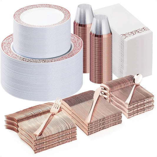 Rose Gold Plastic Dinnerware Set 700Pcs For 100 Guests Wedding Disposable Plates