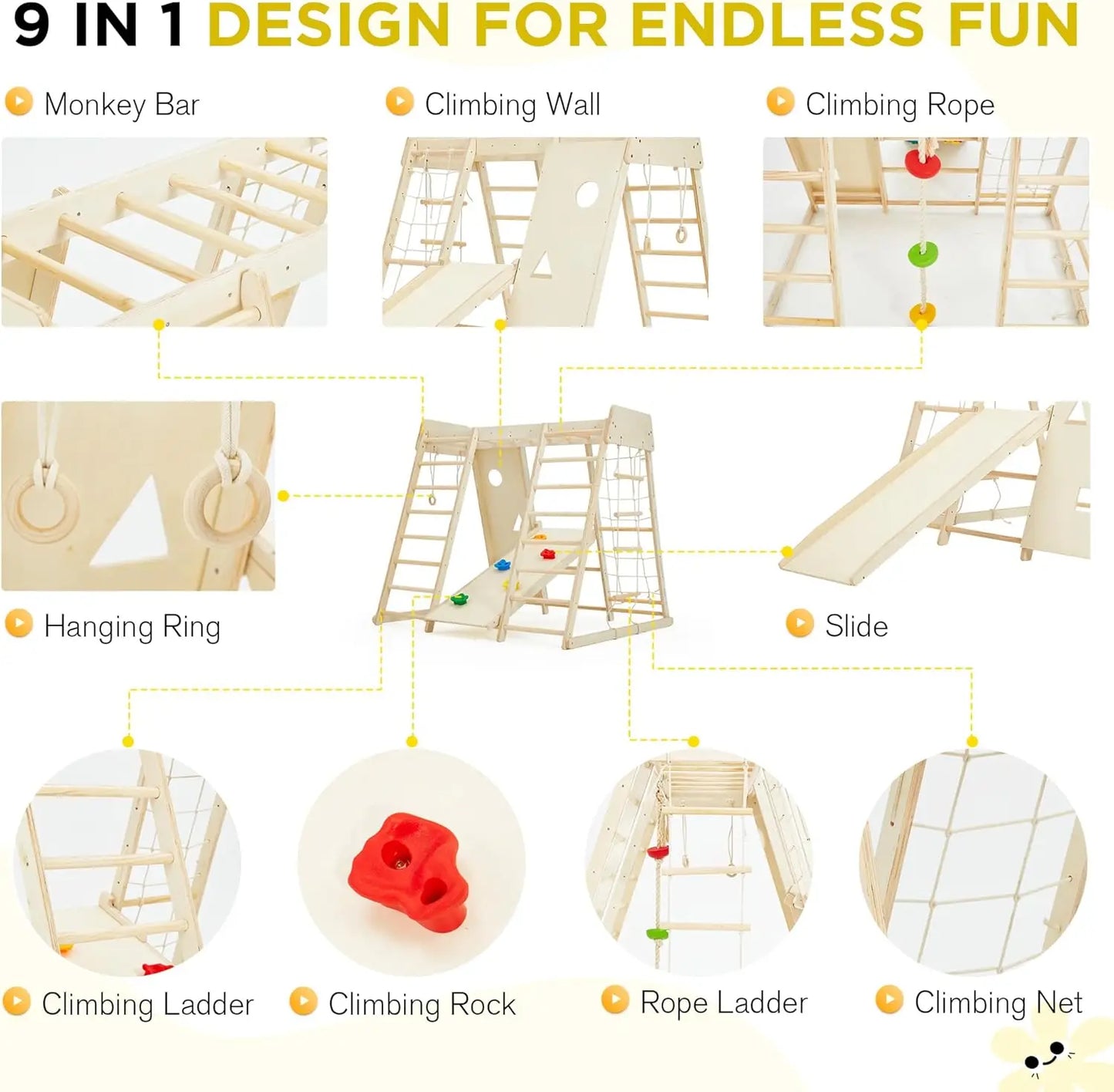 Indoor Jungle Gym, 9 in 1 Kids Indoor Playground, Climbing Toys for Kids with Climbing Wall, Slide, Monkey Bars, Rope Ladder and