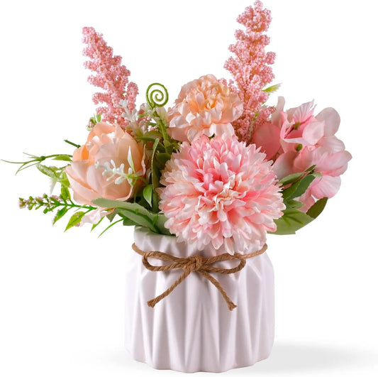 Pink Hydrangea Artificial Flowers in Ceramic Vase Home Office Decor