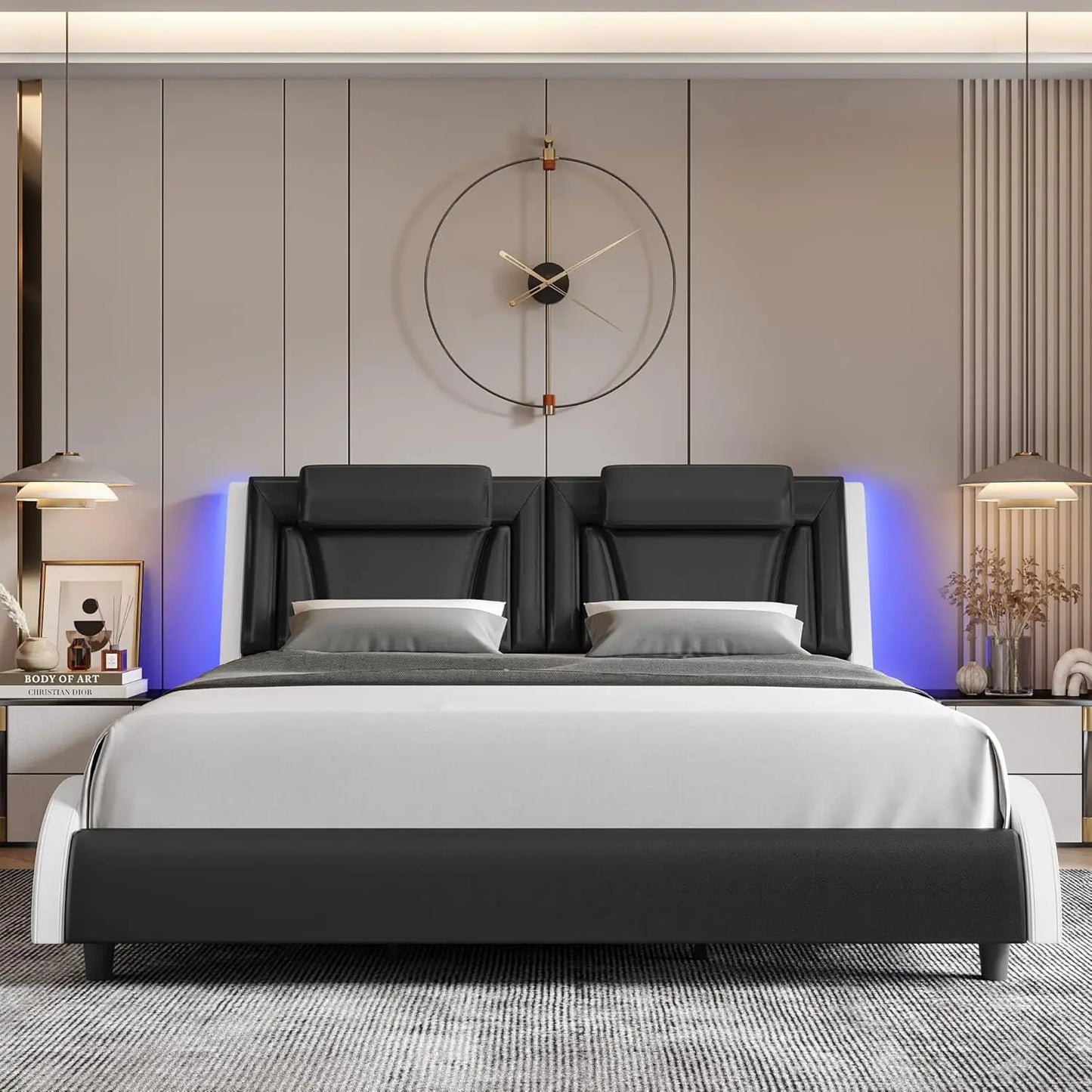Bed frame, Adjustable LED Headboard Wave-Like Curve Design Solid Wooden Slats Support No Box Spring Needed, Bedroom Furniture