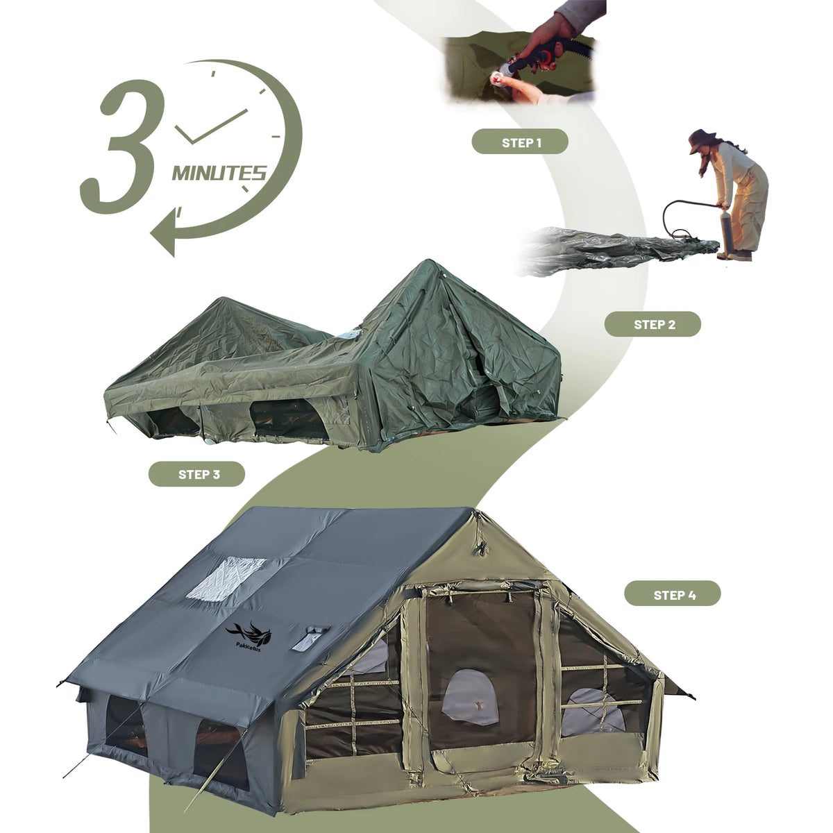 PAKICETUS Luxury Inflatable Camping Tent with Skylight Quick Setup Blow Up Tent with Air Pump 4-6 Persons Large Family Portable Outdoor Tent for Camping Hiking Backyard