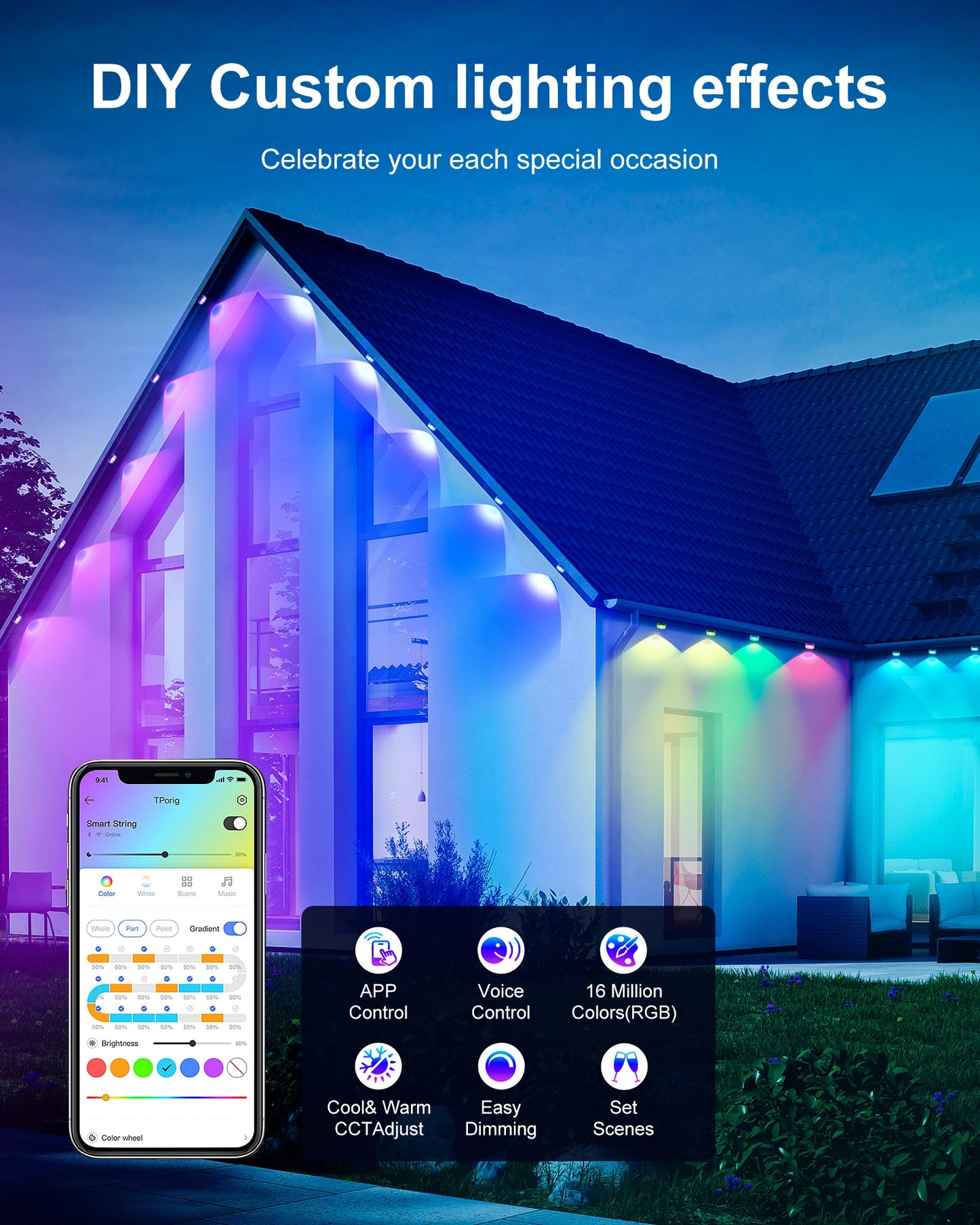 Permanent Outdoor Lights, 100ft/150FT RGBIC Outdoor Lights with 60/90 LED Lights, IP67 Waterproof, 100 Scene Modes