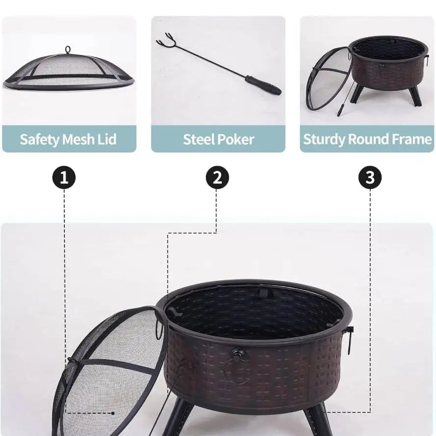 26 Inch Outdoor Wood Burning Fire Pit With Poker And Cover