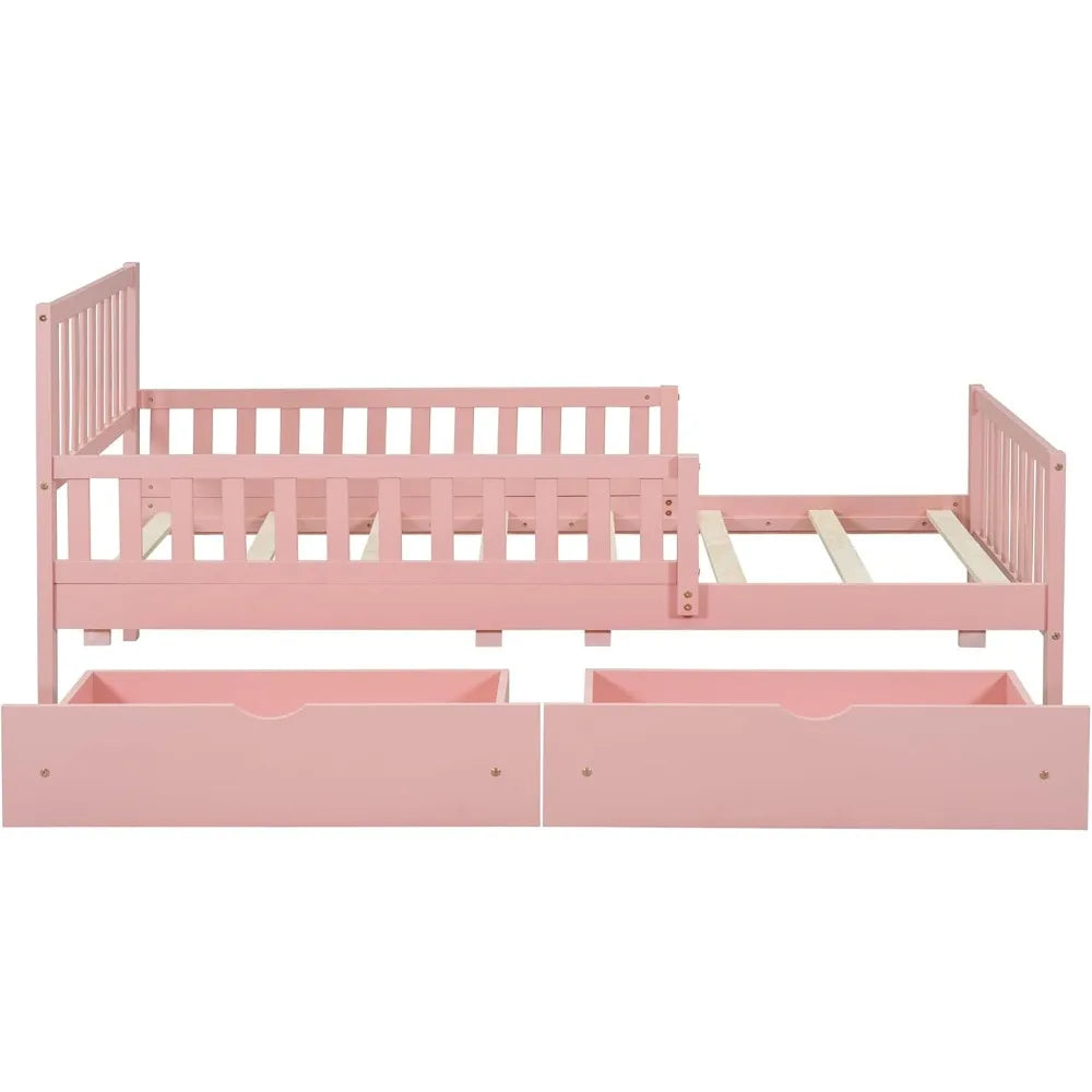 Pink Kids Twin Bed with Guardrails and Headboard Footboard 2 Drawers