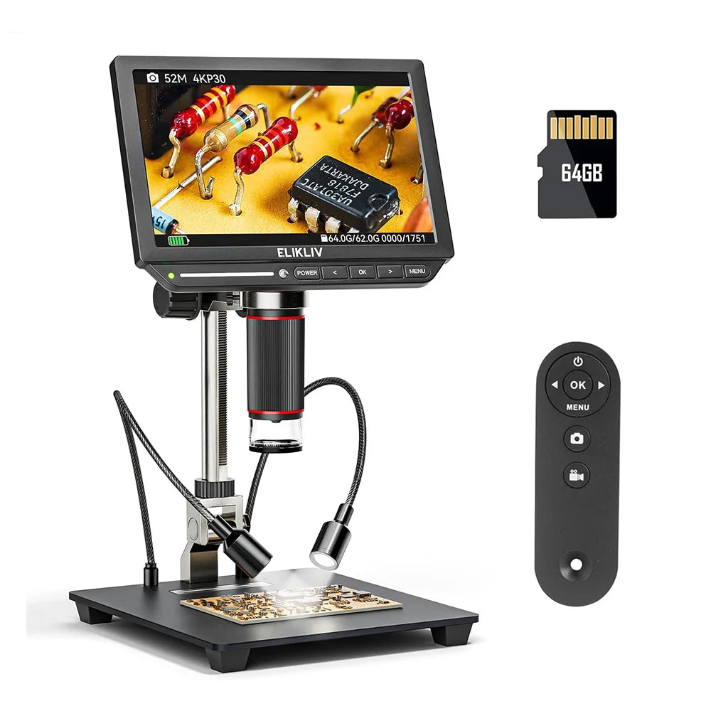 Elikliv EM4K 4K HDMI Digital Microscope Electronics PCB Inspection 10in Stand