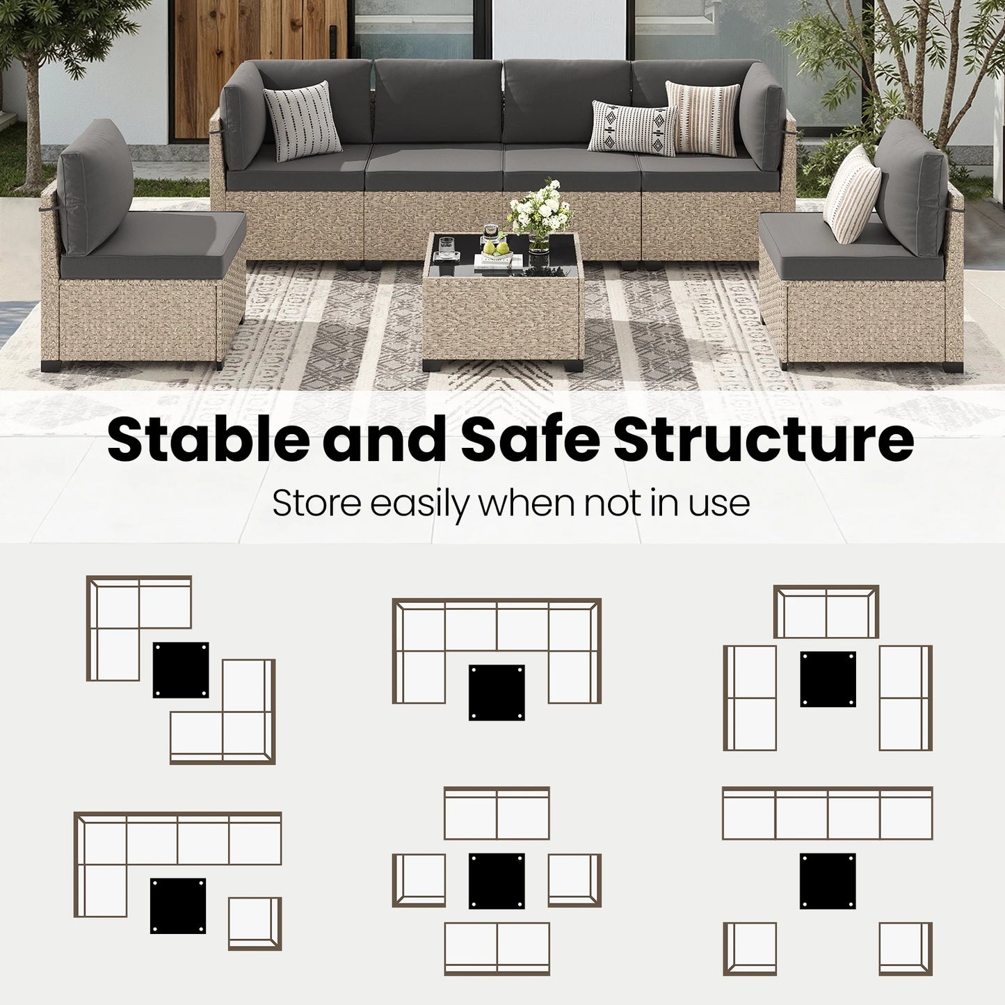 7 Piece All Weather Outdoor Rattan Patio Sofa Set With Tempered Glass Table