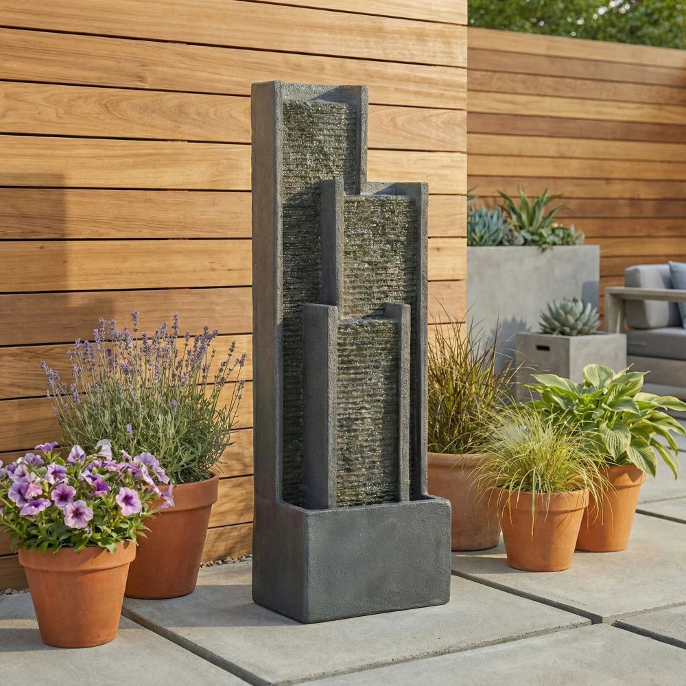 40 Inch Modern Outdoor Water Fountain, Floor Standing Cascading Waterfall with Contemporary Curves, Suitable for Porch, Office, Home Garden, Patio