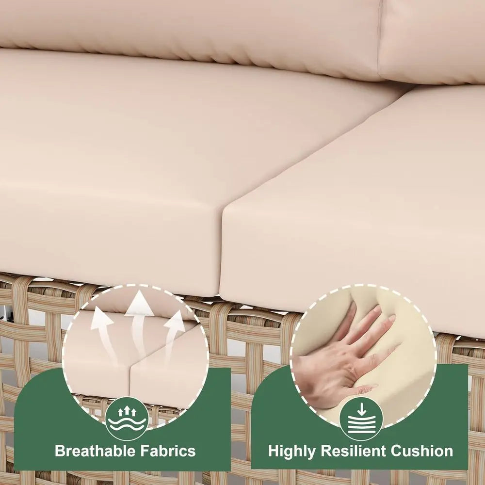 All-Weather Outdoor Furniture Set: 3pc Rattan Sofa with Cushions, Glass Table for Garden & Poolside