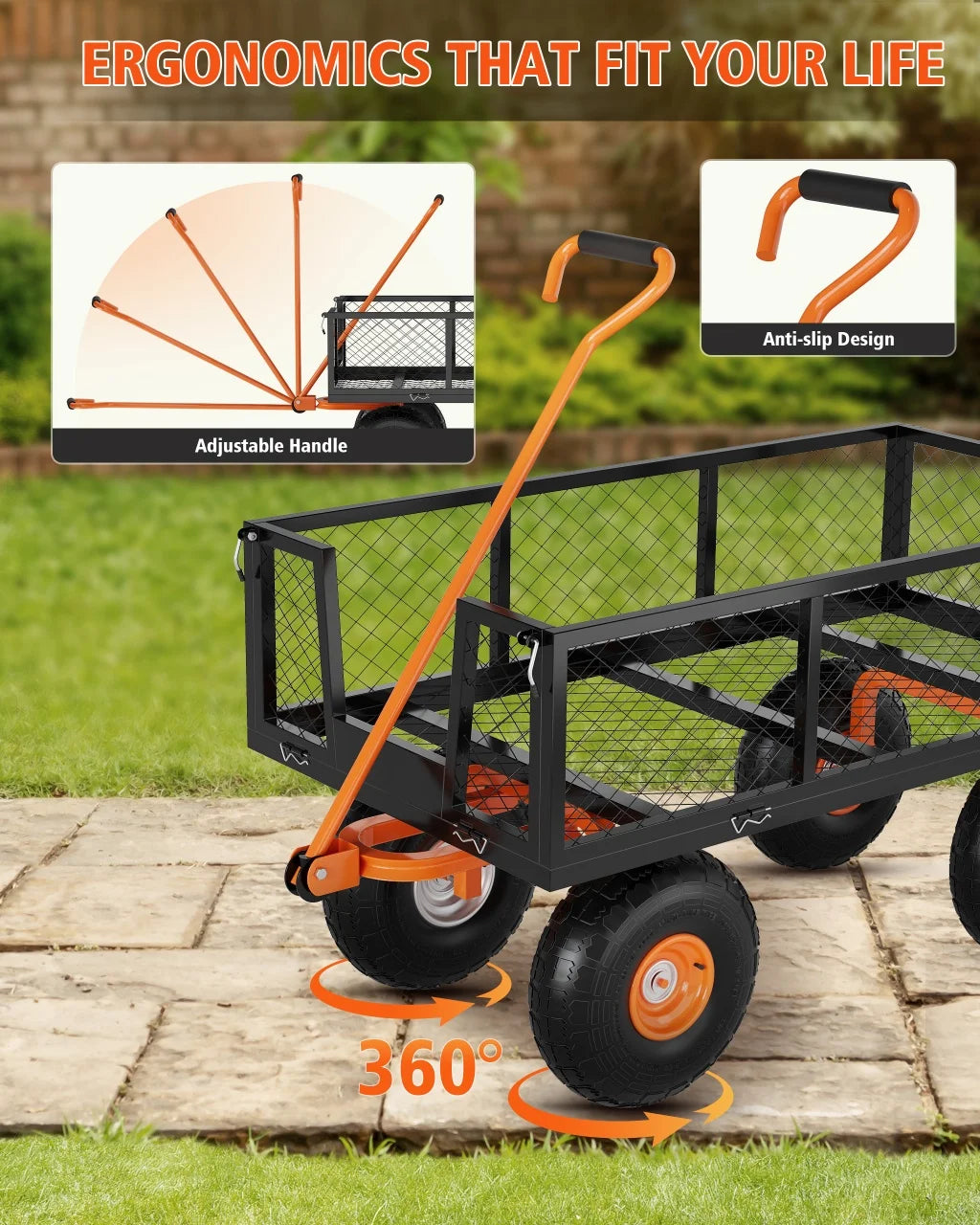 Heavy Duty Steel Garden Cart 500 Lbs Capacity 3 In 1 Wagon with 10 In Wheels