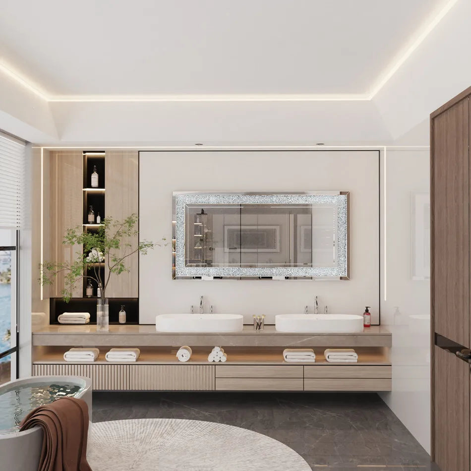 LUVODI Large Silver Rhinestone Crystal Vanity Mirror