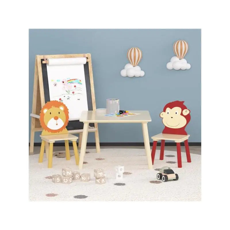 3-Piece Kids Table and Chairs Set, Wooden Play Activity Furniture for Toddlers (Lion & Monkey Design)