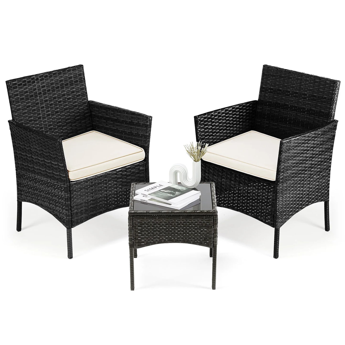 3 Piece Outdoor Patio Furniture Set Rattan Chairs With Cushions And Glass Table