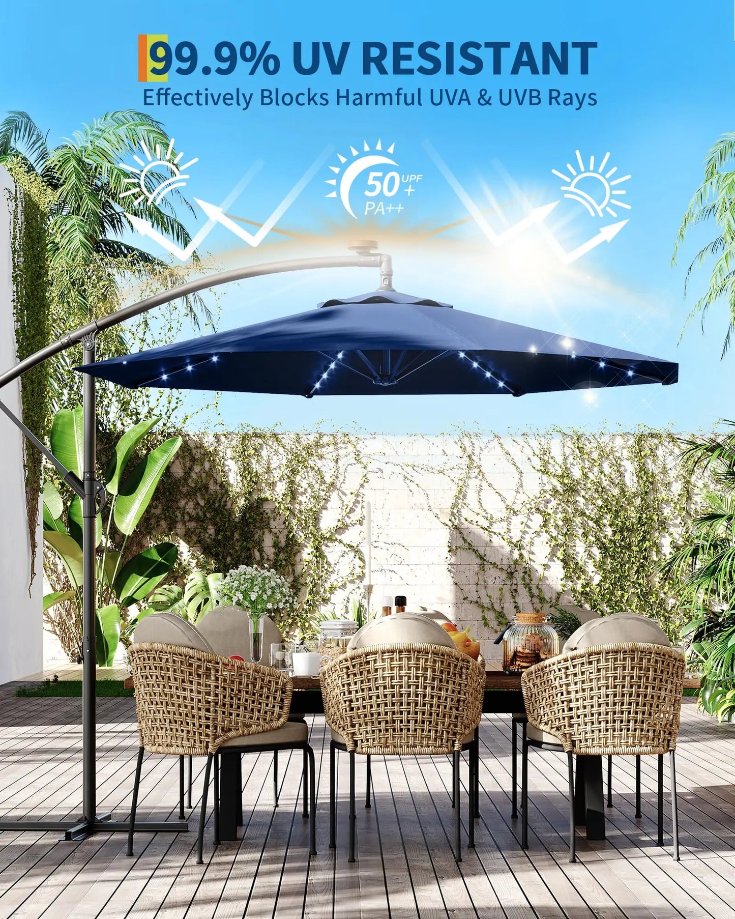 10Ft Cantilever Offset Patio Umbrella With Solar LED Lights