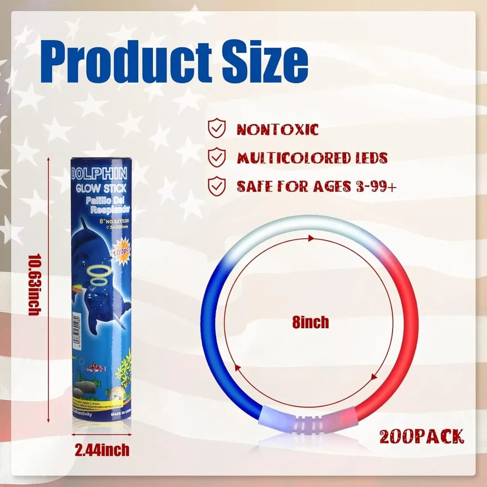 Patriotic Glow Stick Bracelets 100 Pack 8 Inch Red White Blue Fourth Of July