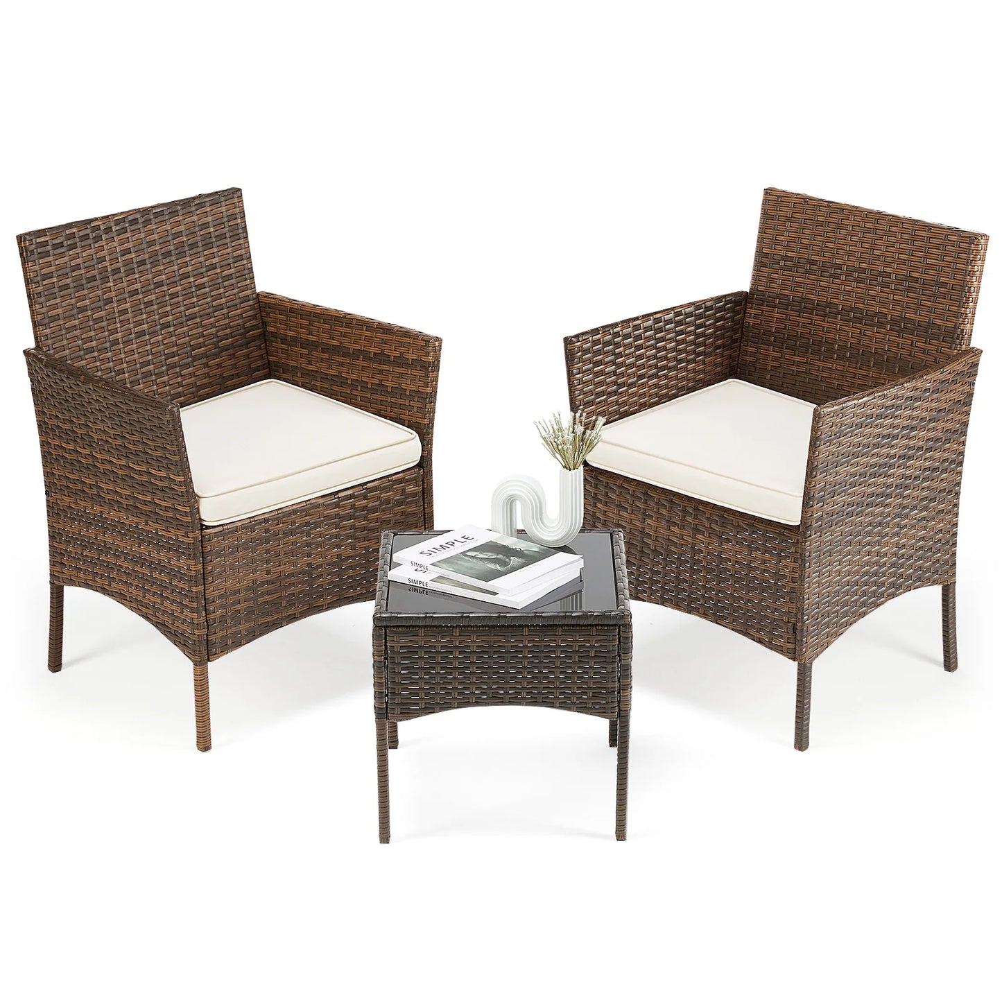 3 Piece Outdoor Patio Furniture Set Rattan Chairs With Cushions And Glass Table