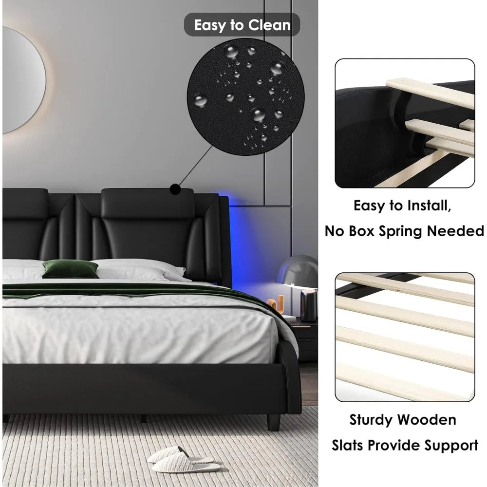 Bed frame, Adjustable LED Headboard Wave-Like Curve Design Solid Wooden Slats Support No Box Spring Needed, Bedroom Furniture