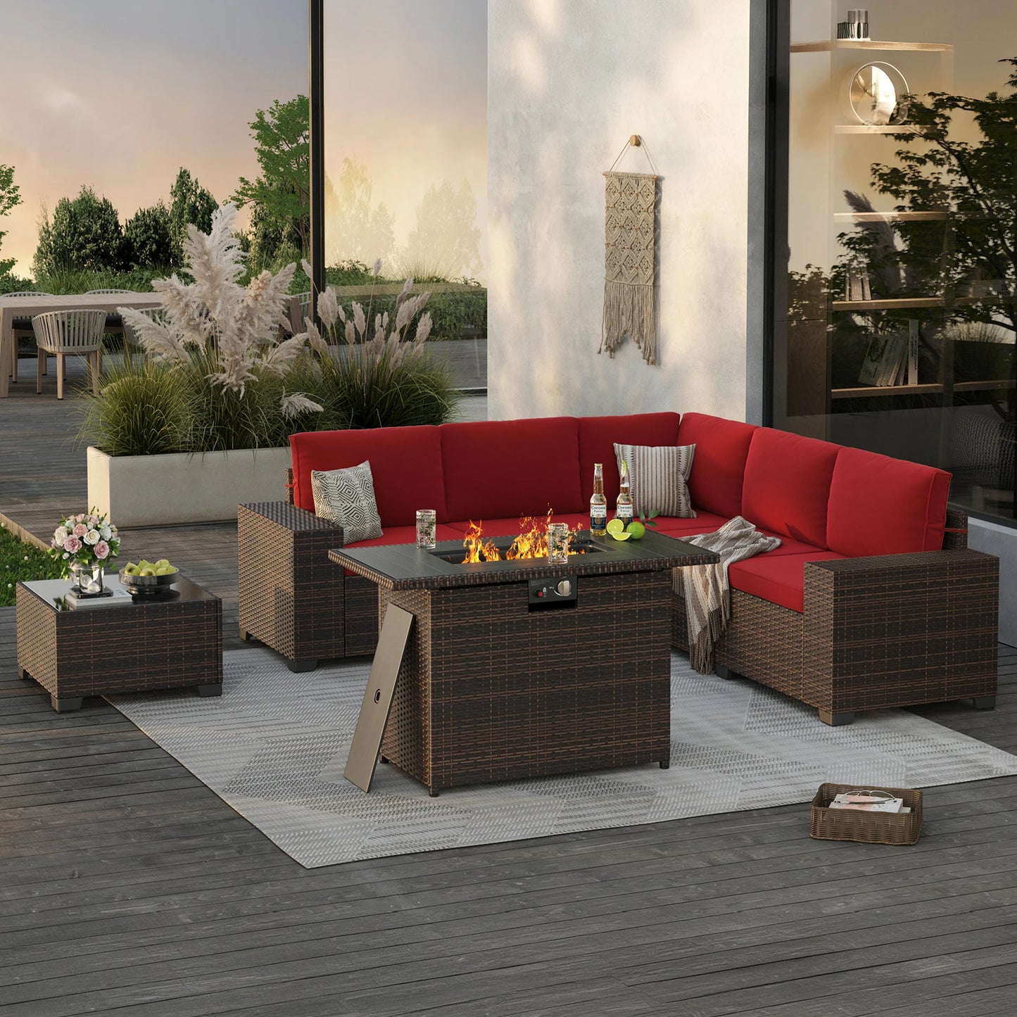 7 Piece Patio Furniture Set With 44 Inch Fire Pit Table Outdoor Rattan Sectional