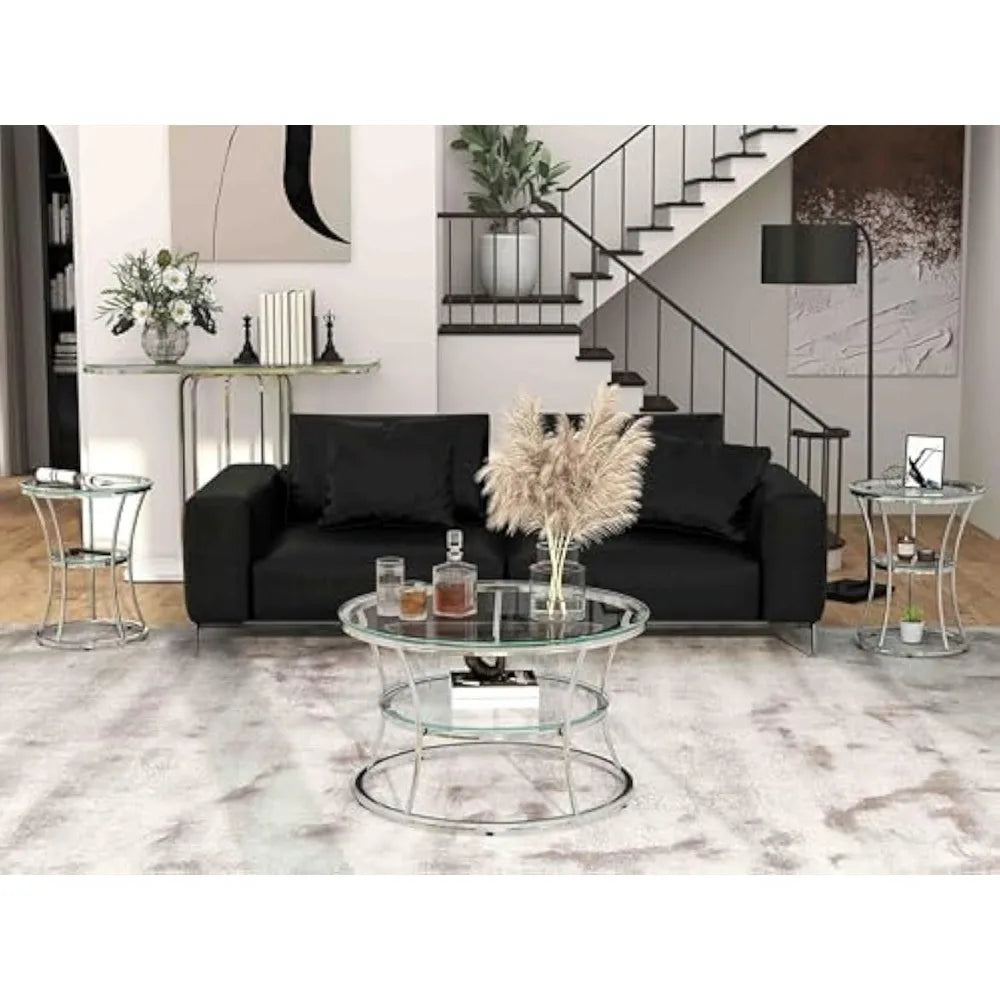 O&K FURNITURE Glass Coffee Table, 2-Tier Modern Living Room Table with Shelf, Tempered Glass & Chrome Frame, Silver Center Table