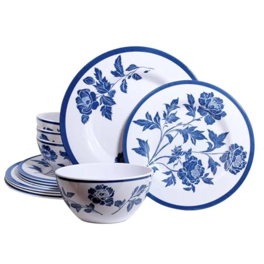 Melamine Dinnerware Set 12 Piece Serves Four Unbreakable Plates and Bowls