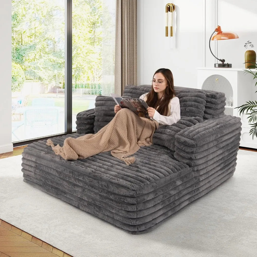 56"W Oversized Chaise Lounge Chair Indoor,Plush Faux Fur Sleeper Sofa Couch Bed with Pillows&Wide Armrest,Fluffy Comfy Cloud Sof