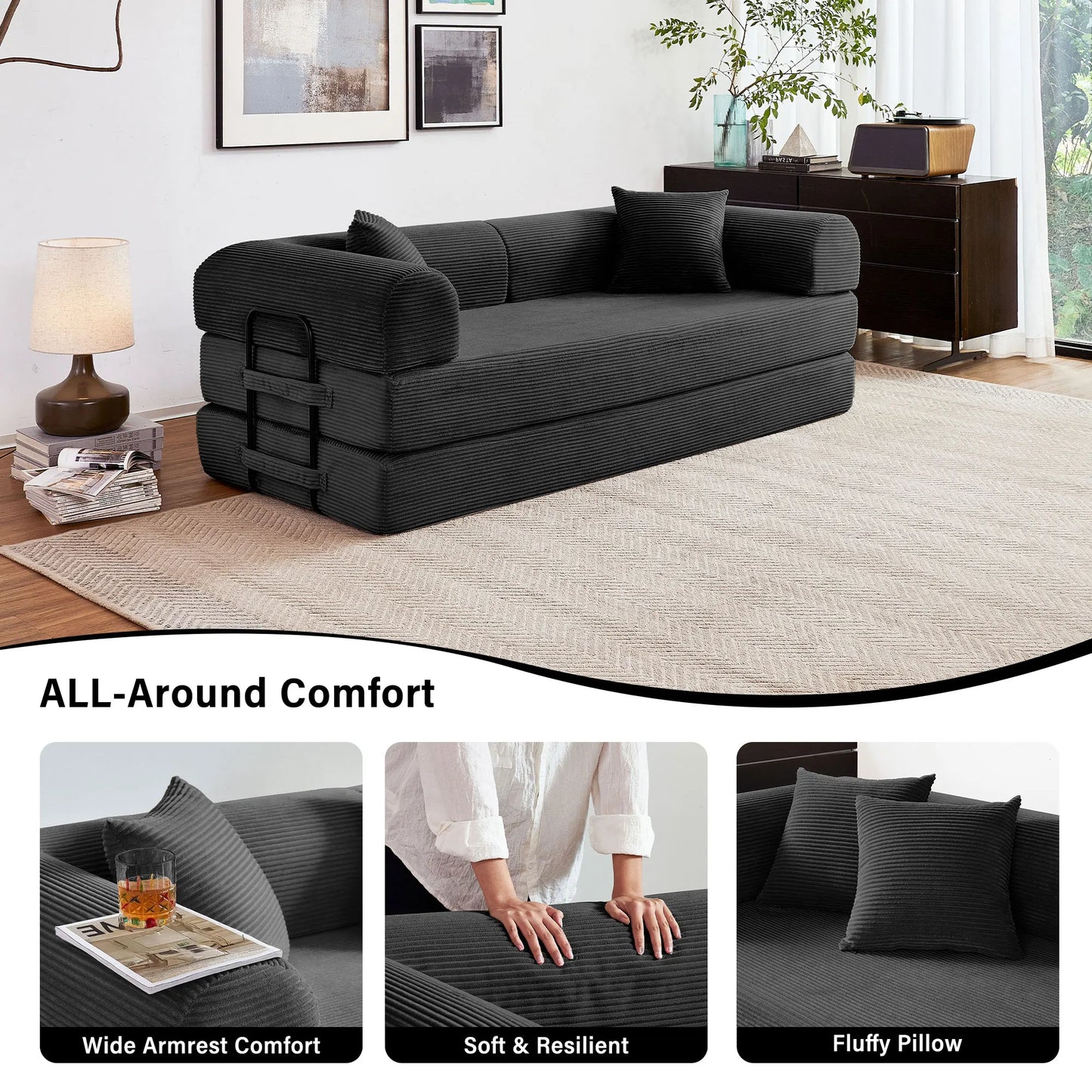 79 Inch Foldable Convertible Futon Sofa Bed With L Shaped Armrests