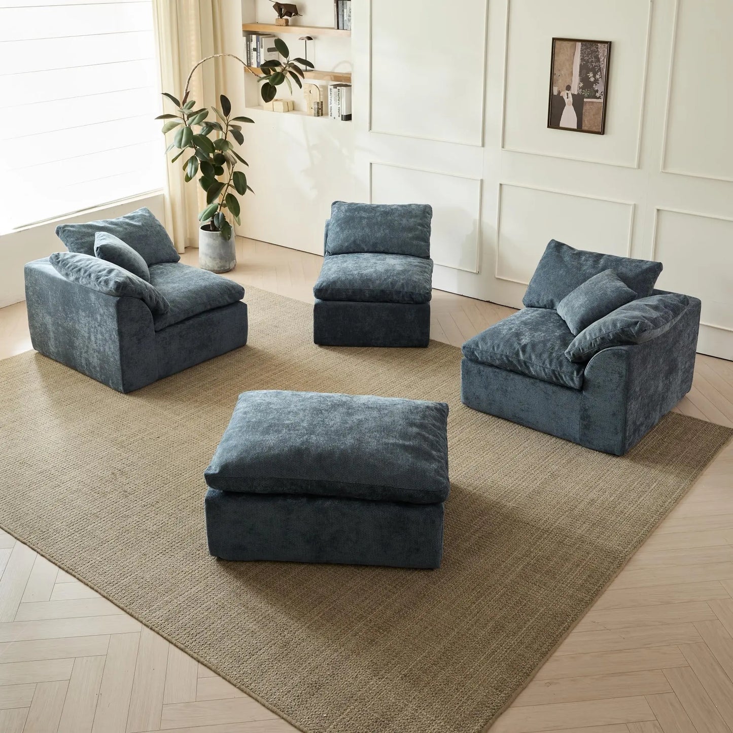 Modern Blue L Shaped 3 Seater Sofa Chenille Fabric Sectional With Ottoman