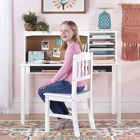 Kids Media Desk and Chair Set - Navy: Student's Workstation with Storage, Wooden Writing Table with Hutch and Shelves for Kids