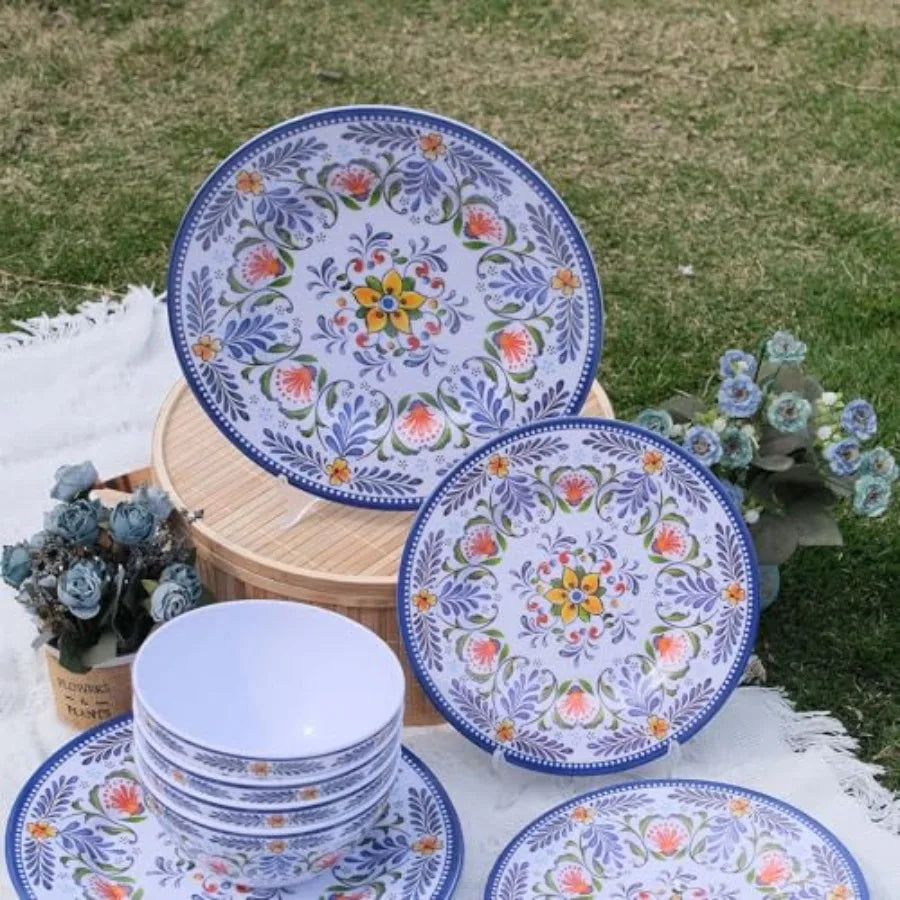 Melamine Dinnerware Set 12 Piece Serves Four Unbreakable Plates and Bowls
